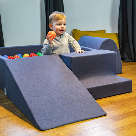 KiddyMoon Spielplatz aus Schaumstoff mit Quadrat Bällebad Bälle Hindernisläufen, Dunkelblau: Babyblue/ Blau/ Perle