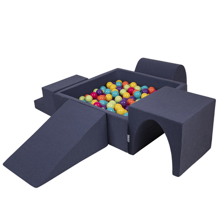 KiddyMoon Spielplatz aus Schaumstoff mit Quadrat Bällebad Bälle Hindernisläufen, Dunkelblau: Helgrün/ Gelb/ Türkis/ Orange/ Dpink/ Violet
