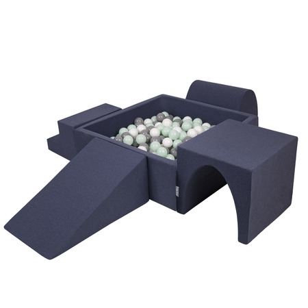 KiddyMoon Spielplatz aus Schaumstoff mit Quadrat Bällebad Bälle Hindernisläufen, Dunkelblau: Weiß/ Grau/ Minze