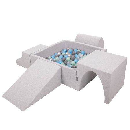 KiddyMoon Spielplatz aus Schaumstoff mit Quadrat Bällebad Bälle Hindernisläufen, Hellgrau: Perle/ Grau/ Transparent/ Babyblue/ Minze