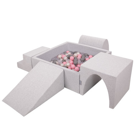 KiddyMoon Spielplatz aus Schaumstoff mit Quadrat Bällebad Bälle Hindernisläufen, Hellgrau: Perle/ Grau/ Transparent/ Puderrosa