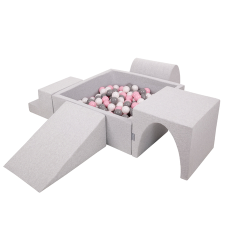 KiddyMoon Spielplatz aus Schaumstoff mit Quadrat Bällebad Bälle Hindernisläufen, Hellgrau: Weiß/ Grau/ Puderrosa