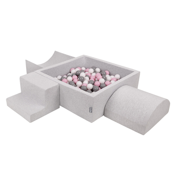KiddyMoon Spielplatz aus Schaumstoff mit Quadrat Bällebad Bälle Hindernisläufen, Hellgrau: Weiß/ Grau/ Rosa