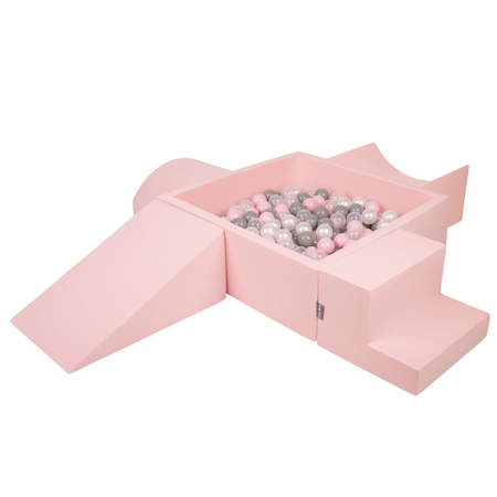 KiddyMoon Spielplatz aus Schaumstoff mit Quadrat Bällebad Bälle Hindernisläufen, Pink: Perle/ Grau/ Transparent/ Puderrosa