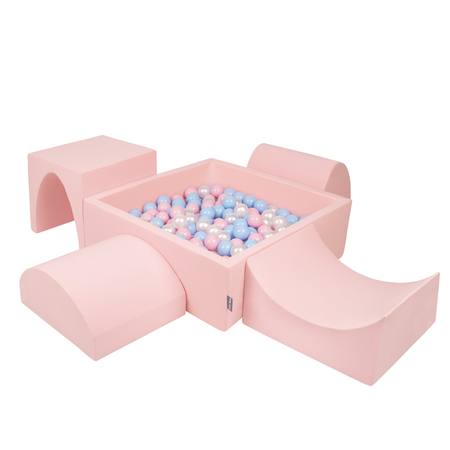 KiddyMoon Spielplatz aus Schaumstoff mit Quadrat Bällebad, Pink: Babyblue/ Puderrosa/ Perle