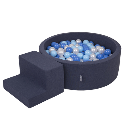 KiddyMoon Spielplatz aus Schaumstoff mit Rund Bällebad (200 Bälle) Ballgruben für Babys Spielbad Hindernisläufen, Hergestellt in der EU, Dunkelblau: Babyblue/ Blau/ Perle