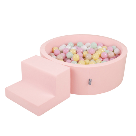 KiddyMoon Spielplatz aus Schaumstoff mit Rund Bällebad (200 Bälle) Ballgruben für Babys Spielbad Hindernisläufen, Hergestellt in der EU, Pink: Pastellbeige/ Pastellgelb/ Weiß/ Minze/ Puderrosa