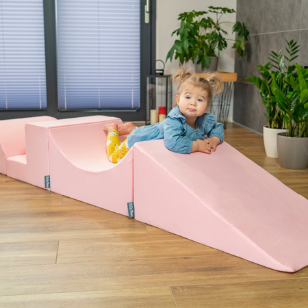 KiddyMoon Spielplatz aus Schaumstoff mit Rund Bällebad (200 Bälle) Ballgruben für Babys Spielbad Hindernisläufen, Hergestellt in der EU, Pink: Pastellbeige/ Pastellgelb/ Weiß/ Minze/ Puderrosa