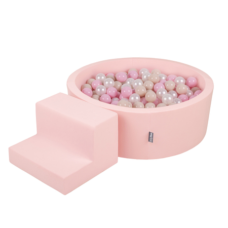 KiddyMoon Spielplatz aus Schaumstoff mit Rund Bällebad (200 Bälle) Ballgruben für Babys Spielbad Hindernisläufen, Hergestellt in der EU, Pink: Pastellbeige/ Puderrosa/ Perle
