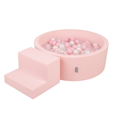 KiddyMoon Spielplatz aus Schaumstoff mit Rund Bällebad (200 Bälle) Ballgruben für Babys Spielbad Hindernisläufen, Hergestellt in der EU, Pink: Puderrosa/ Perle/ Transparent