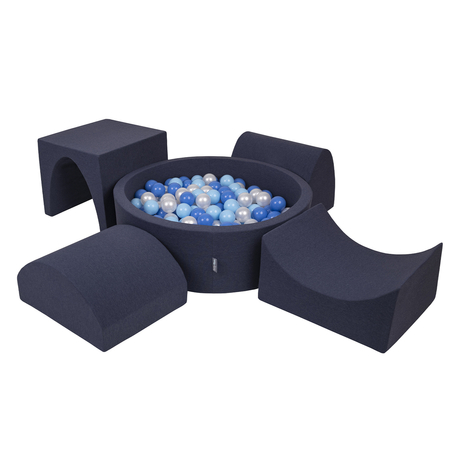KiddyMoon Spielplatz aus Schaumstoff mit Rund Bällebad (300 Bälle) Ballgruben für Babys Spielbad Hindernisläufen, Hergestellt in der EU, Dunkelblau: Babyblue/ Blau/ Perle