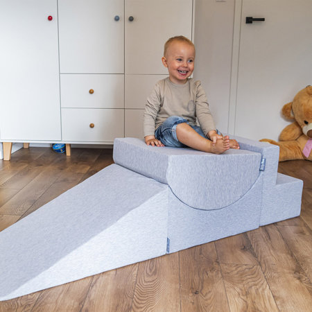 KiddyMoon Spielplatz aus Schaumstoff mit Rund Bällebad (300 Bälle) Ballgruben für Babys Spielbad Hindernisläufen, Hergestellt in der EU, Hellgrau: Perle/ Grau/ Transparent/ Babyblue/ Minze