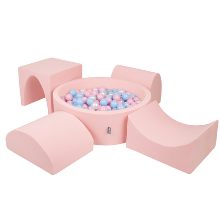 KiddyMoon Spielplatz aus Schaumstoff mit Rund Bällebad (300 Bälle) Ballgruben für Babys Spielbad Hindernisläufen, Hergestellt in der EU, Pink: Babyblue/ Puderrosa/ Perle