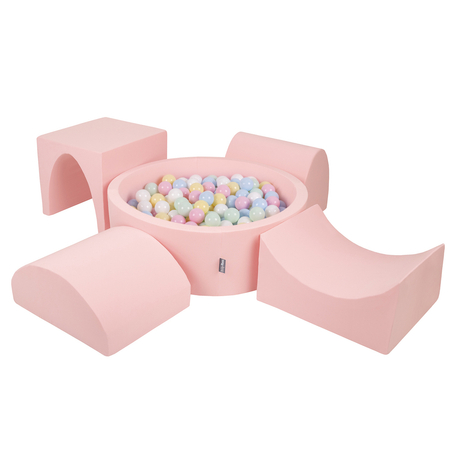 KiddyMoon Spielplatz aus Schaumstoff mit Rund Bällebad (300 Bälle) Ballgruben für Babys Spielbad Hindernisläufen, Hergestellt in der EU, Pink: Pastellblau/ Pastellgelb/ Weiß/ Minze/ Puderrosa