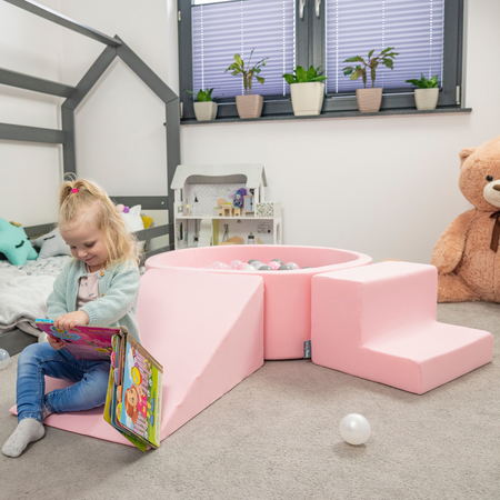 KiddyMoon Spielplatz aus Schaumstoff mit Rund Bällebad (300 Bälle) Ballgruben für Babys Spielbad Hindernisläufen, Hergestellt in der EU, Pink: Puderrosa/ Dunkelpink/ Babyblau/ Minze