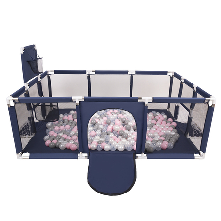 Laufstall Baby Großer Spielplatz mit Bällen Laufgitter für Kinder, Dunkelblau: Perle/ Grau/ Transparent/ Puderrosa