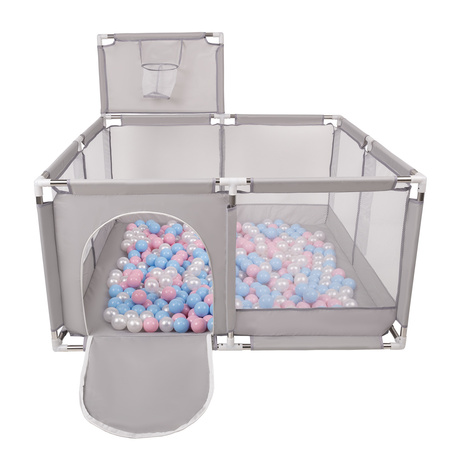 Laufstall mit Korb und Bällen Laufgitter für Kinder, Grau: Babyblue/ Puderrosa/ Perle