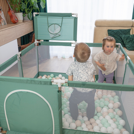 Laufstall mit Korb und Bällen Laufgitter für Kinder, Grün: Pastellbeige/ Pastellblau/ Weiß