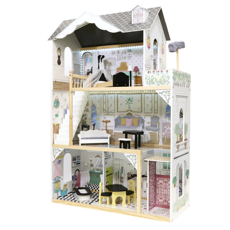 Puppenhaus aus Holz mit Möbeln und Zubehör, Spielzeug für Kinder, Multicolor