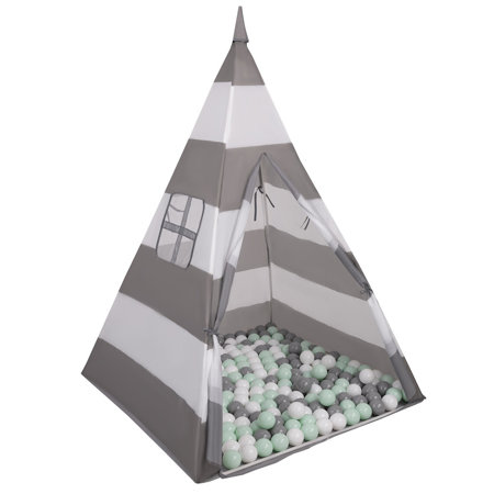 Tipi Spielzelt mit Bälle Indianerzelt für Kinder Kinderzimmer Zelt, Grau-Weiße Streifen: Weiß/ Grau/ Mint