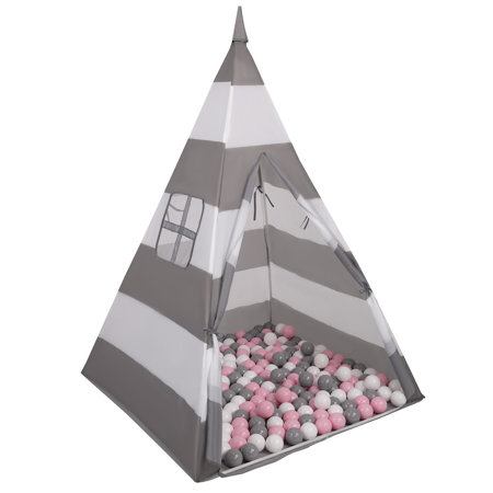 Tipi Spielzelt mit Bälle Indianerzelt für Kinder Kinderzimmer Zelt, Grau-Weiße Streifen: Weiß/ Grau/ Puderrosa