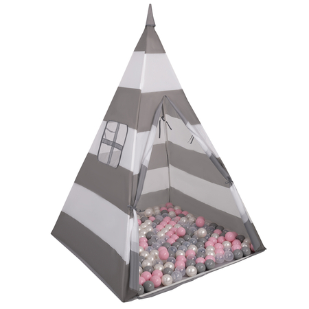 Tipi Spielzelt mit Bälle Indianerzelt für Kinder Kinderzimmer Zelt, Grau-Weißstreifen: Perle/ Grau/ Transprent/ Puderrosa