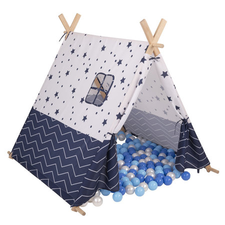 Tipi Zelt mit Bälle  für Kinder Spielzelt Indianer Zelt, Dunkelblau-Sterne: Babyblau/ Blau/ Perle