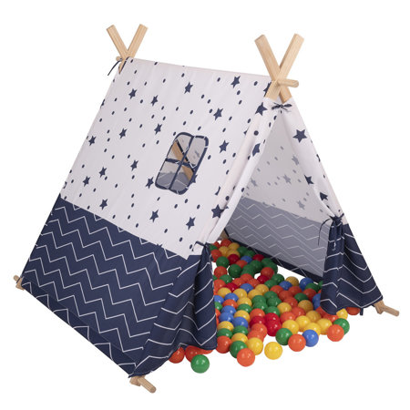Tipi Zelt mit Bälle  für Kinder Spielzelt Indianer Zelt, Dunkelblau-Sterne: Gelb/ Grün/ Blau/ Rot/ Orange