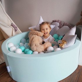 KiddyMoon Bällebad Bällepool mit bunten Bällen 7Cm  für Babys Kinder Quadrat, Hellgrau: Grau/ Weiß/ Türkis