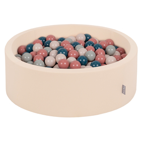 KiddyMoon Bällebad Bällepool mit bunten Bällen 7Cm  für Babys Kinder Rund, Beige: Dunkeltürkis/ Pastellbeige/ Grüngrau/ Lachsfarben