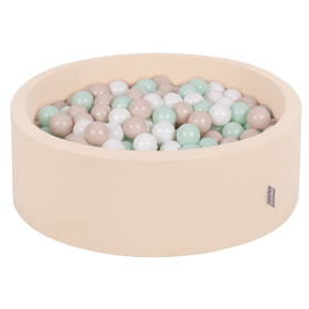 KiddyMoon Bällebad Bällepool mit bunten Bällen 7Cm  für Babys Kinder Rund, Beige: Pastellbeige/ Weiß/ Minze