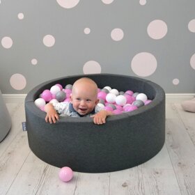 KiddyMoon Bällebad Bällepool mit bunten Bällen 7Cm  für Babys Kinder Rund, Dunkelgrau: Grau/ Weiß/ Hellpink