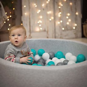 KiddyMoon Bällebad Bällepool mit bunten Bällen 7Cm  für Babys Kinder Rund, Hellgrau: Grau/ Weiß/ Türkis