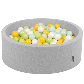 KiddyMoon Bällebad Bällepool mit bunten Bällen 7Cm  für Babys Kinder Rund, Hellgrau: Weiß/ Minze/ Helgrün/ Gelb