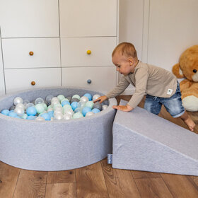 KiddyMoon Bällebad Bällepool mit bunten Bällen 7Cm  für Babys Kinder Rund, Minze: Weiß/ Grau/ Minze/ Rosa