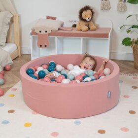 KiddyMoon Bällebad Bällepool mit bunten Bällen 7Cm  für Babys Kinder Rund, Zimtfarben: Dunkeltürkis/ Pastellbeige/ Grüngrau/ Lachsfarben