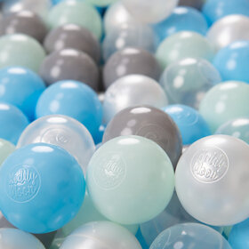 KiddyMoon Kinder Bälle für Bällebad Baby Plastikbälle Spielbälle 6cm Made in EU, Perle/ Grau/ Transparent/ Baby Blau/ Minze