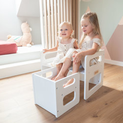 KiddyMoon Kindertisch mit Stuhl Sitzgruppe Kindermöbel Tisch Stuhl Bank aus Holz, Weiß