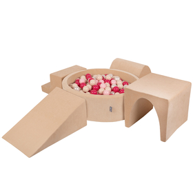 KiddyMoon Spielplatz Velvet Aus Schaumstoff Mit Samt Rund Bällebad Ballgruben Für Babys Spielbad Hindernisläufen, Hergestellt In Der EU, Sandbeige: Pastellbeige/ Puderrosa/ Perle/ Dunkelpink