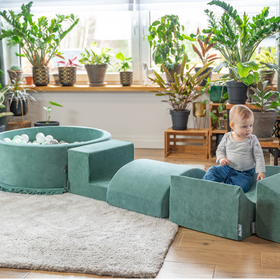 KiddyMoon Spielplatz Velvet Aus Schaumstoff Mit Samt Rund Bällebad Ballgruben Für Babys Spielbad Hindernisläufen, Hergestellt In Der EU, Waldgrün:  Dunkeltürkis/ Grüngrau/ Weiß