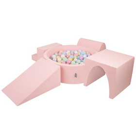 KiddyMoon Spielplatz aus Schaumstoff mit Bällebad und Bällen Hindernisläufen, Pink: Pastellblau/ Pastellgelb/ Weiß/ Minze/ Puderrosa