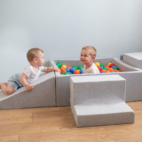 KiddyMoon Spielplatz aus Schaumstoff mit Quadrat Bällebad Bälle Hindernisläufen, Hellgrau: Gelb/ Grün/ Blau/ Rot/ Orange