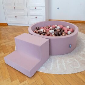 KiddyMoon Spielplatz aus Schaumstoff mit Rund Bällebad (200 Bälle) Ballgruben für Babys Spielbad Hindernisläufen, Hergestellt in der EU, Erikafarben: Pastellbeige/ Pastellgelb/ Weiß/ Minze/ Puderrosa