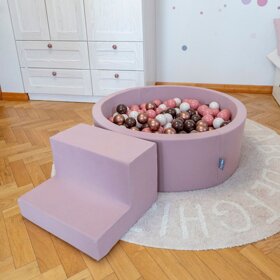 KiddyMoon Spielplatz aus Schaumstoff mit Rund Bällebad (300 Bälle) Ballgruben für Babys Spielbad Hindernisläufen, Hergestellt in der EU, Erikafarben: Pastellbeige/ Puderrosa/ Perle