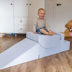 KiddyMoon Spielplatz aus Schaumstoff mit Rund Bällebad (300 Bälle) Ballgruben für Babys Spielbad Hindernisläufen, Hergestellt in der EU, Hellgrau: Perle/ Grau/ Transparent/ Babyblue/ Minze