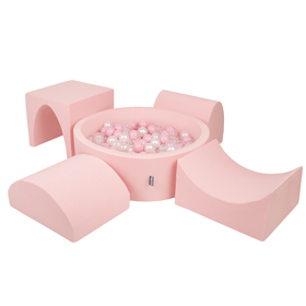 KiddyMoon Spielplatz aus Schaumstoff mit Rund Bällebad (300 Bälle) Ballgruben für Babys Spielbad Hindernisläufen, Hergestellt in der EU, Pink: Puderrosa/ Perle/ Transparent