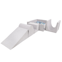 KiddyMoon Spielplatz aus Schaumstoff mit Quadrat Bällebad Bälle Hindernisläufen, hellgrau:perle/grau/transparent/babyblue/minze, Bällebad (200 Bälle) + Version 3