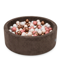 KiddyMoon Bällebad für Kinder aus Schaumstoff, weicher Rippbezug, abnehmbarer Bezug, waschbar, Braun: Pastellbeige/Kupfer/Perle/Lachsfarbe, 90 x 30 cm 200 Bälle