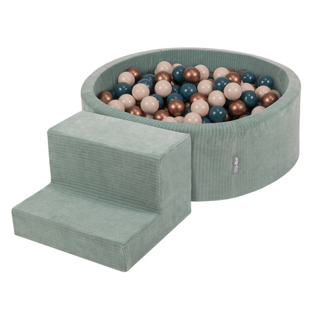 KiddyMoon Spielplatz Aus Schaumstoff Für Kinder mit Bälle Waschbare Bezug, grün: dunkeltürkis/pastellbeige/kupferrot, Bällebad (200 Bälle) + Stüfchen