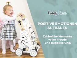 KiddyMoon Lauflernwagen aus Holz für Babys und Kleinkinder, Lauflernhilfe WK-001 Schwarz - Weiß, Griff Verstellbar